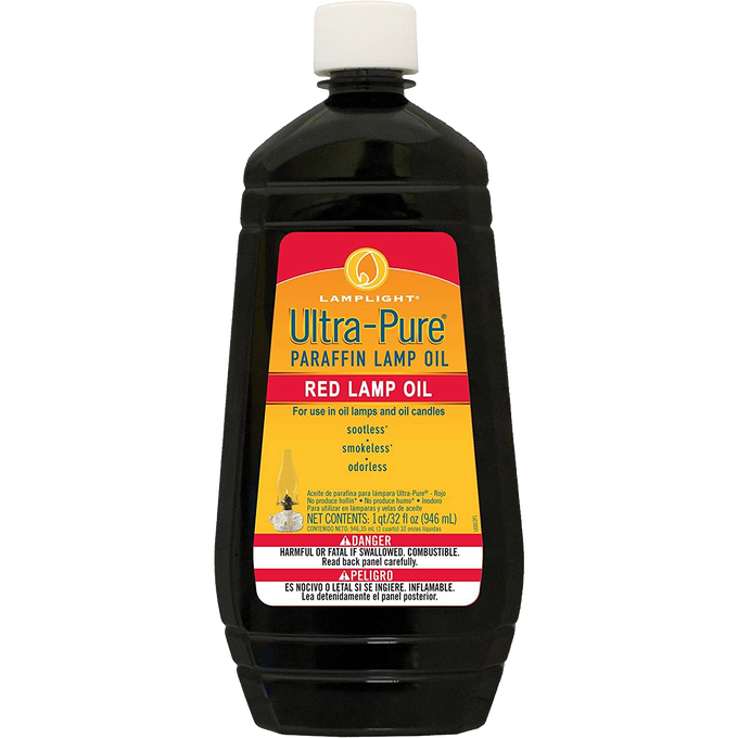 Plastic bottle of red ultra-pure paraffin lamp oil with white cap, labeled for clean, sootless, smokeless, and odorless use in lamps and oil candles, part of lamps & lighting, parts and accessories, lamp and lantern fuel, best sellers, and promo eligible collections.