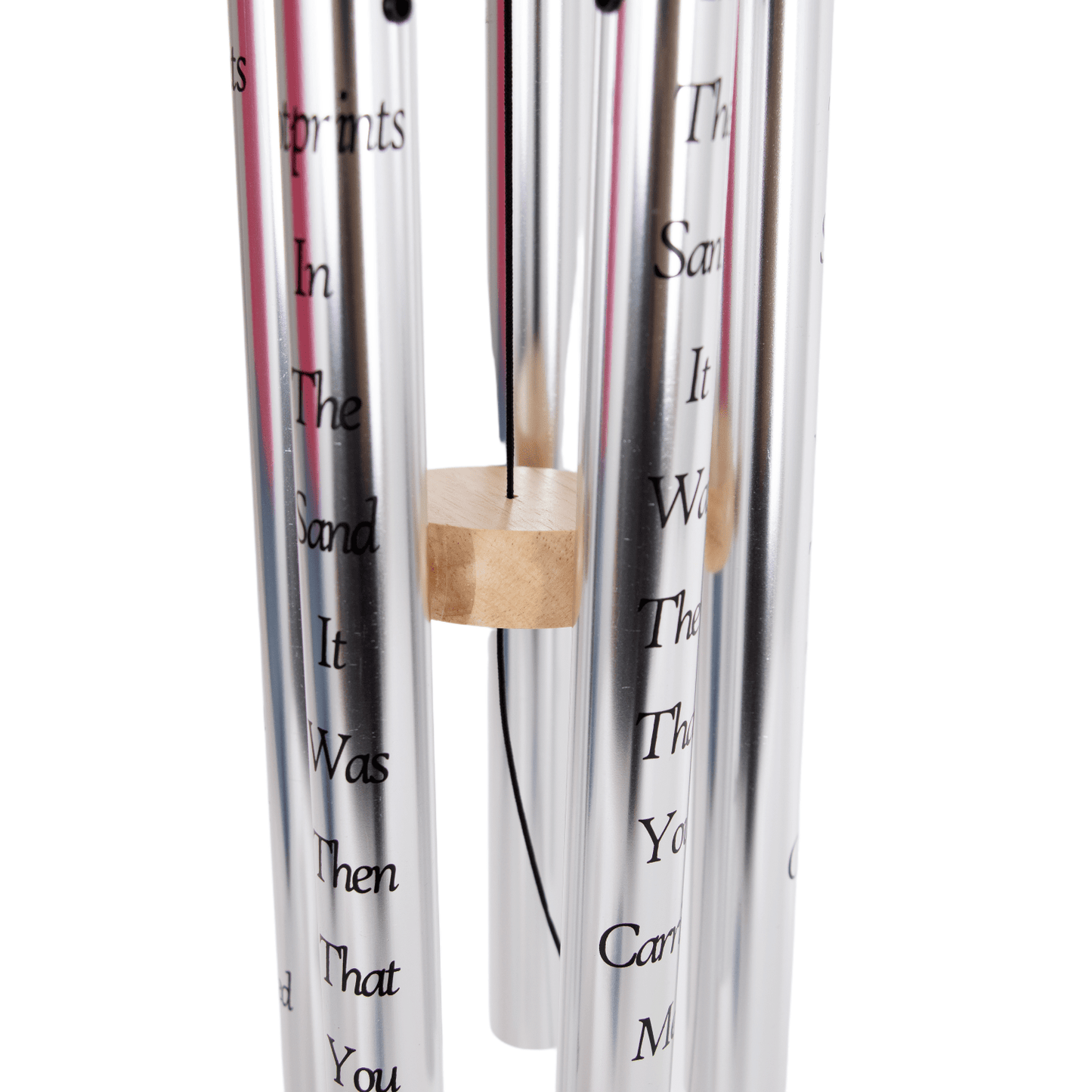 Handcrafted silver windchime with wooden striker featuring engraved "Footprints in the Sand" text, designed for soothing outdoor ambiance, ideal for Farm, Garden & Tool, Garden Accessories, Best Sellers, and Promo Eligible collections.