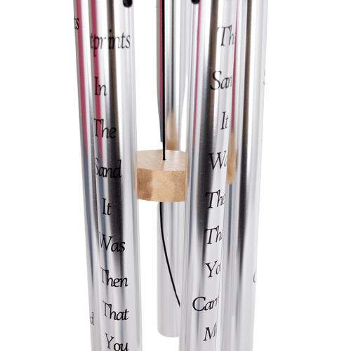 Handcrafted silver windchime with wooden striker featuring engraved "Footprints in the Sand" text, designed for soothing outdoor ambiance, ideal for Farm, Garden & Tool, Garden Accessories, Best Sellers, and Promo Eligible collections.