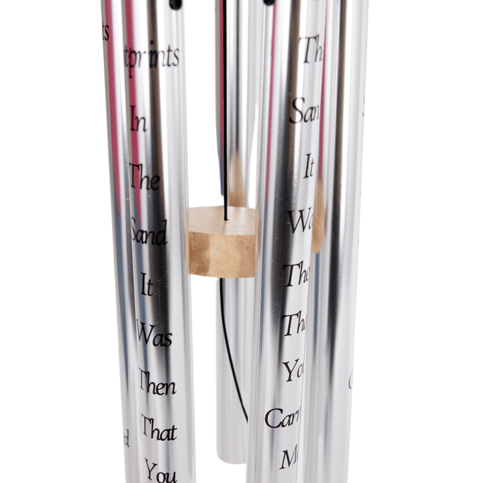 Handcrafted silver windchime with wooden striker featuring engraved "Footprints in the Sand" text, designed for soothing outdoor ambiance, ideal for Farm, Garden & Tool, Garden Accessories, Best Sellers, and Promo Eligible collections.