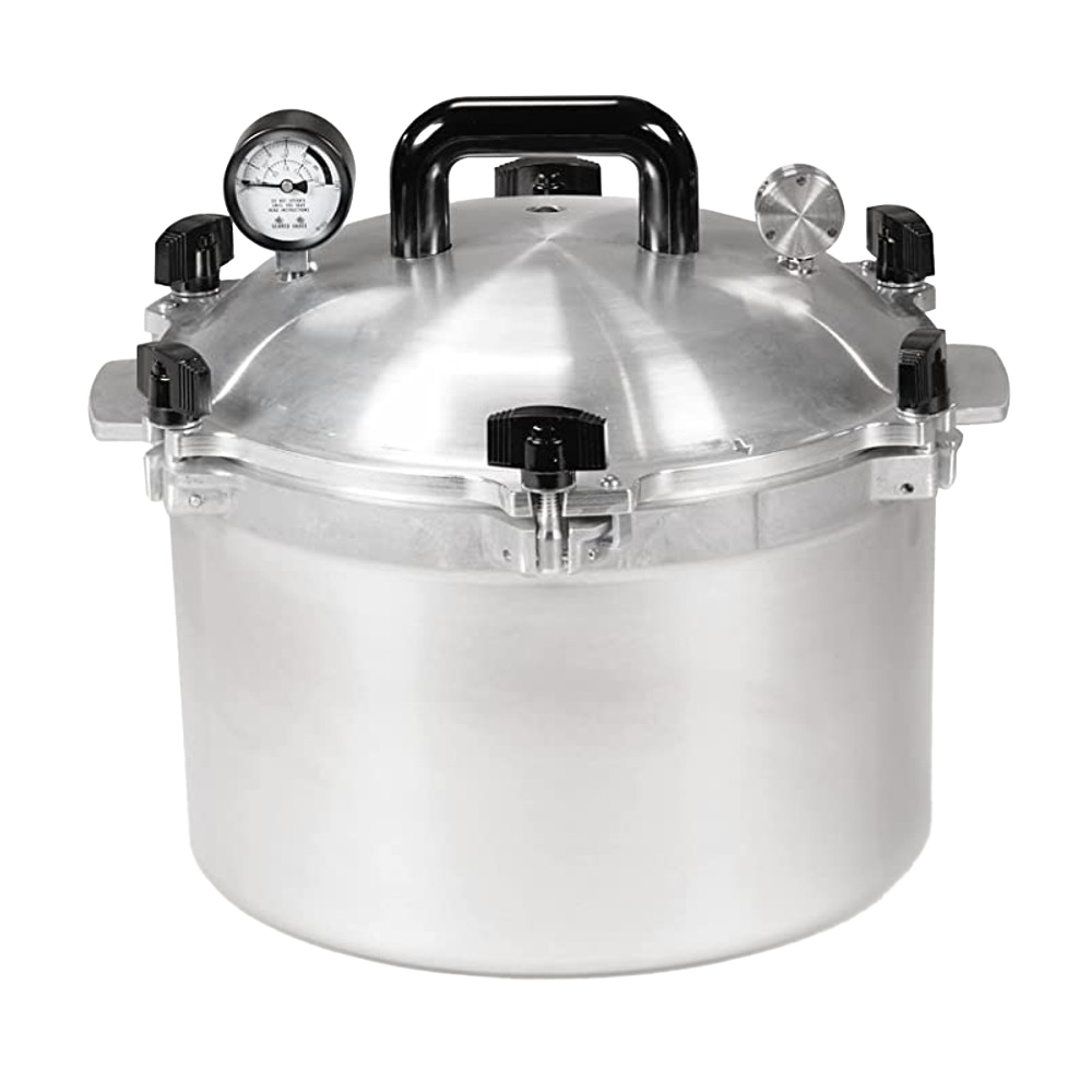 Heavy-duty aluminum pressure canner with secure locking lid, black handle, and pressure gauge, designed for safe food preservation in Farm, Garden & Tool and Kitchen & Food collections.