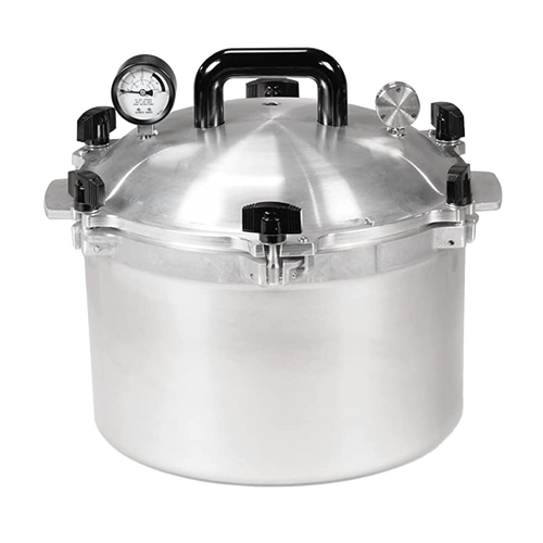Heavy-duty aluminum pressure canner with secure locking lid, black handle, and pressure gauge, designed for safe food preservation in Farm, Garden & Tool and Kitchen & Food collections.