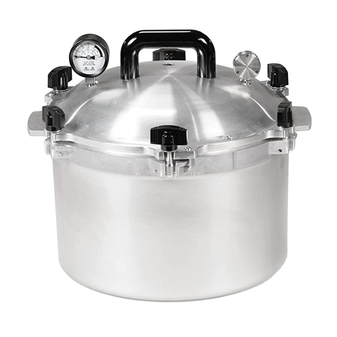Heavy-duty aluminum pressure canner with secure locking lid, black handle, and pressure gauge, designed for safe food preservation in Farm, Garden & Tool and Kitchen & Food collections.