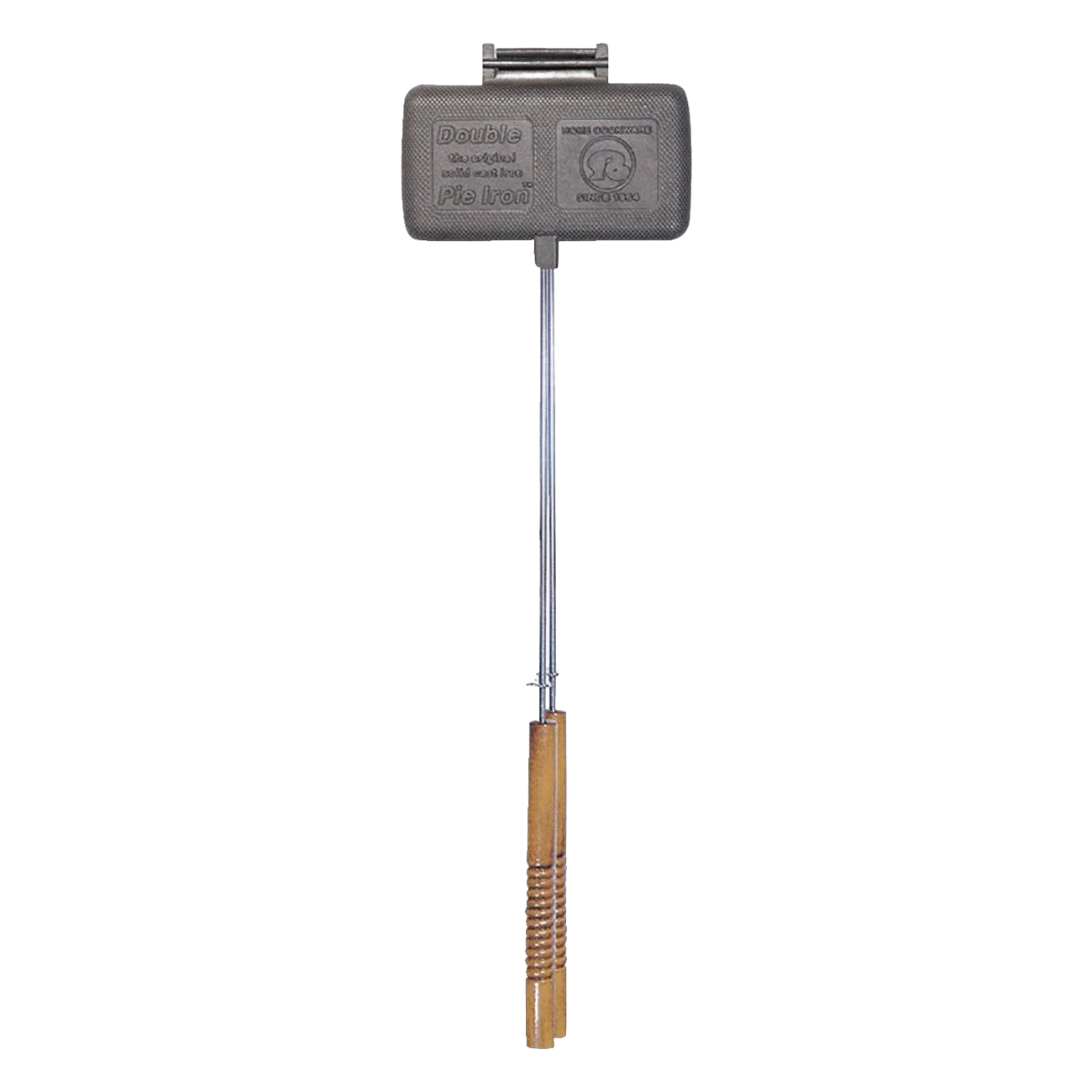 Double-compartment cast iron pie iron with long steel handle and wooden grip, handcrafted for camping and farm tool collections, designed for easy cleaning and durable outdoor cooking.