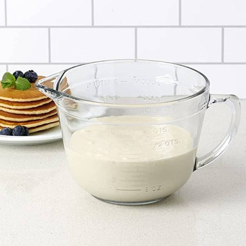 Clear, thick-walled glass batter bowl with sturdy handle and spout, embossed measurement markings, ideal for Kitchen & Food, Cookware, Baking Supplies, Storage and Serving, USA Made collections.