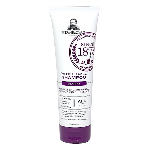 Tube of clarifying witch hazel shampoo with lavender flower and coconut oil, designed for all hair types, made in USA, featured in Health & Wellness and Grooming collections.