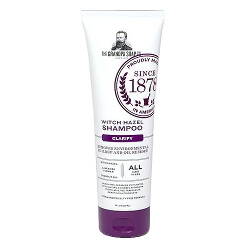Tube of clarifying witch hazel shampoo with lavender flower and coconut oil, designed for all hair types, made in USA, featured in Health & Wellness and Grooming collections.