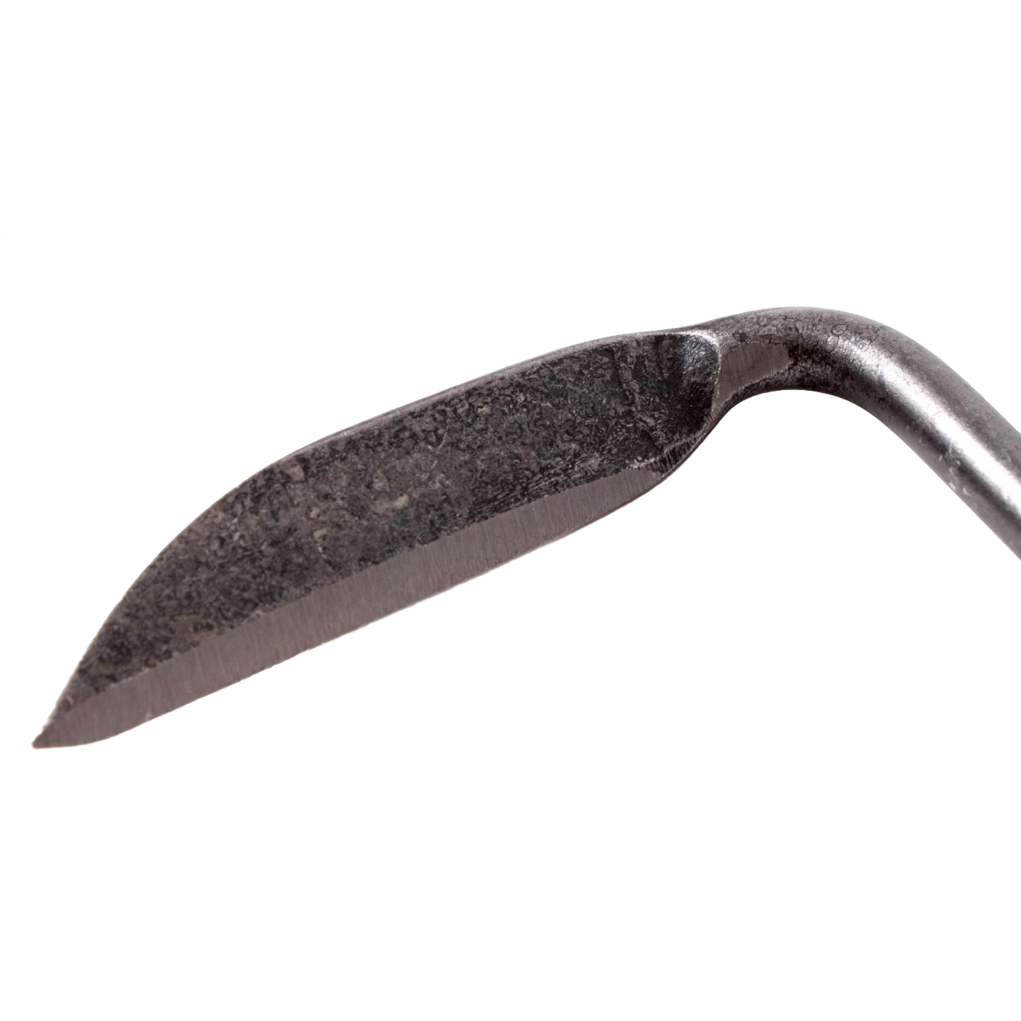Close-up of a robust, narrow steel blade with a curved edge on a short-handled hand weeder, designed for precise weed removal in tight garden spaces, featured in Farm, Garden & Tool and Digging and Cultivating collections.