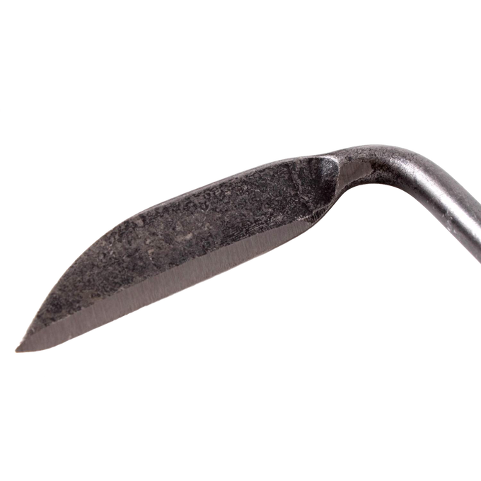 Close-up of a robust, narrow steel blade with a curved edge on a short-handled hand weeder, designed for precise weed removal in tight garden spaces, featured in Farm, Garden & Tool and Digging and Cultivating collections.