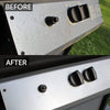 Side-by-side comparison of a grill control panel before and after cleaning, showing a restored, shiny surface and darker clean knobs, illustrating effective household cleaning for stoves and grilling.