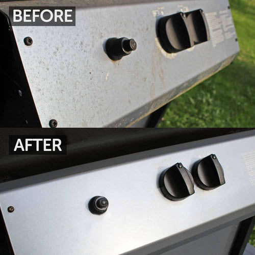 Side-by-side comparison of a grill control panel before and after cleaning, showing a restored, shiny surface and darker clean knobs, illustrating effective household cleaning for stoves and grilling.