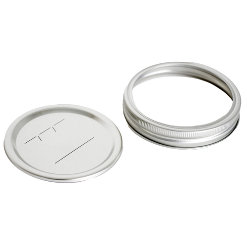Wide-mouth metal canning jar lid and silver screw band featuring BPA-free sealing compound, ideal for food preservation in Kitchen & Food and Canning collections.