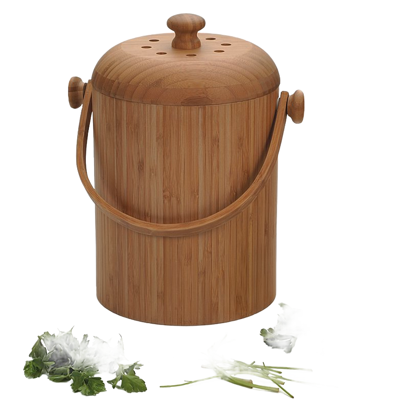 Handcrafted bamboo compost pail with removable lid featuring ventilation holes and a sturdy handle, designed for farm, garden, and composting use with odor control.