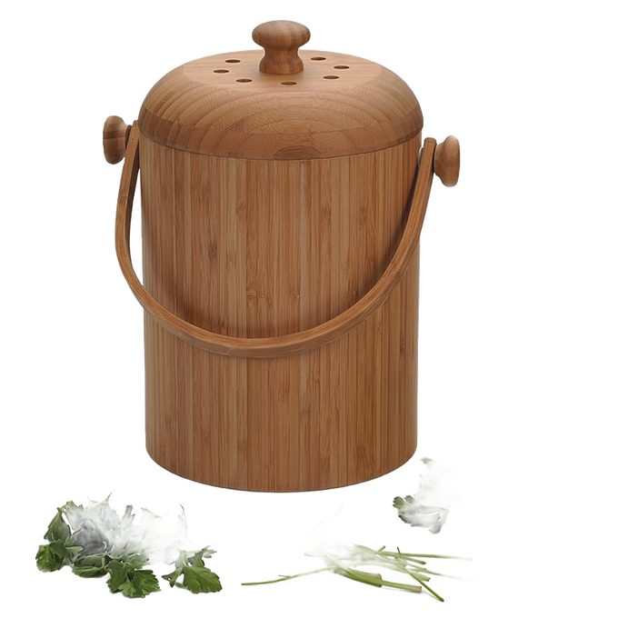 Handcrafted bamboo compost pail with removable lid featuring ventilation holes and a sturdy handle, designed for farm, garden, and composting use with odor control.