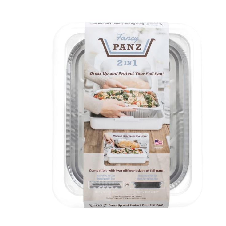 Clear plastic travel cover shown on foil pan with printed label illustrating use for serving and protecting food, ideal for Kitchen & Food, Kitchen Gadgets, USA Made, and Storage collections.