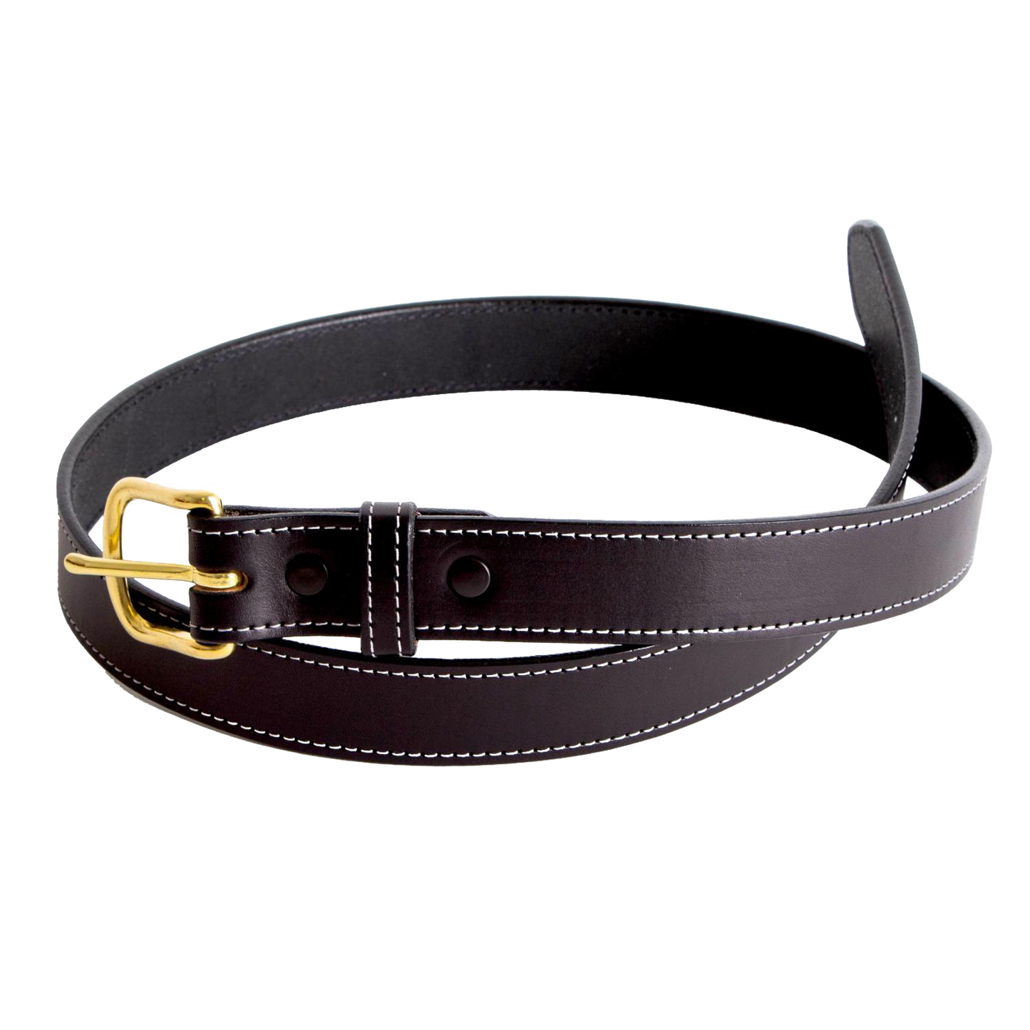 Handcrafted Amish-made 1-inch wide genuine English bridle leather belt in dark brown with fine stitching and brass buckle, perfect for clothing and accessories, USA Made collection.