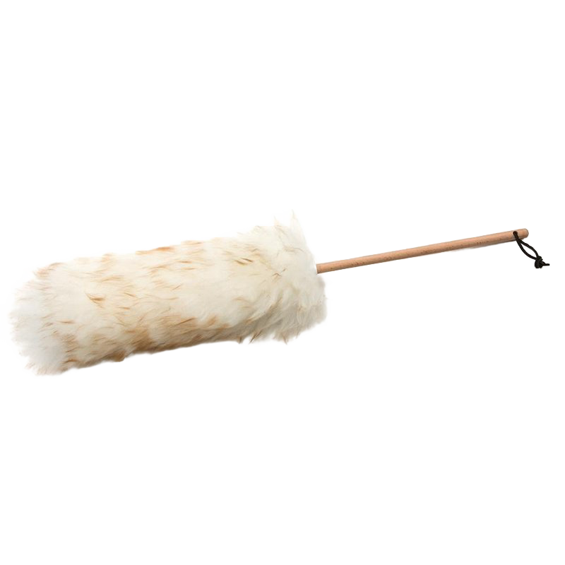 Handcrafted lamb's wool duster with a natural wooden handle and soft fibers, designed to attract dust from delicate surfaces in Home & Decor, Household Cleaning, and USA Made collections.