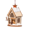 Handcrafted wooden holiday ornament shaped like a vintage toy shop with tiny rocking horses, snowy roof, and intricate details, perfect for Home & Decor and Holiday Decor collections.