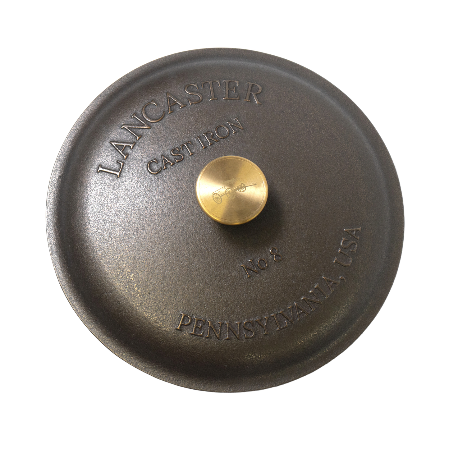 Handcrafted cast iron skillet lid with smooth finish and solid brass knob, embossed with Lancaster Pennsylvania USA and No 8, perfect for Kitchen & Food, Cast Iron, USA Made, and Best Sellers collections.
