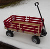 Handcrafted Amish made children's wagon with red wooden slats, sturdy metal frame, black pull handle, and durable rubber tires, part of USA Made and Outdoor Play collections.