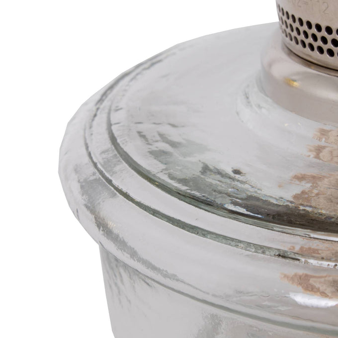 Handcrafted clear glass oil lamp font with polished metal burner, designed for bright, space-saving lighting in Farm, Garden & Tool, Lamps & Lighting, Emergency Supplies, and Oil Lamps collections.