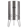 Brushed stainless steel fire barrel with perforated air vents and sturdy legs, designed to create a cozy outdoor atmosphere, featured in Farm, Garden & Tool and Camping collections.