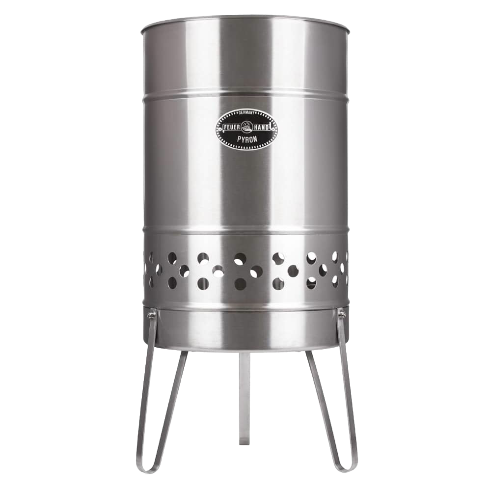 Brushed stainless steel fire barrel with perforated air vents and sturdy legs, designed to create a cozy outdoor atmosphere, featured in Farm, Garden & Tool and Camping collections.