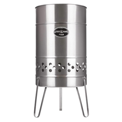 Brushed stainless steel fire barrel with perforated air vents and sturdy legs, designed to create a cozy outdoor atmosphere, featured in Farm, Garden & Tool and Camping collections.