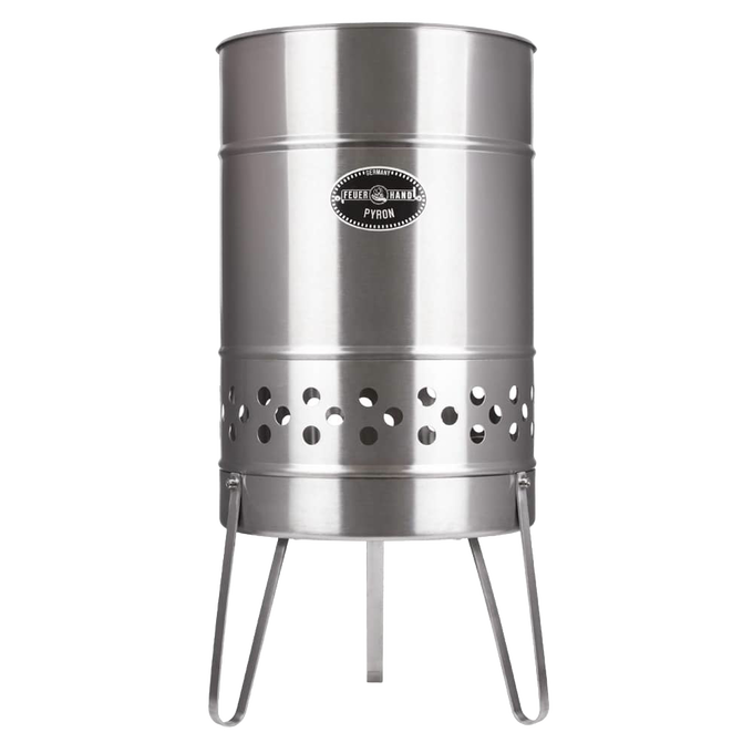 Brushed stainless steel fire barrel with perforated air vents and sturdy legs, designed to create a cozy outdoor atmosphere, featured in Farm, Garden & Tool and Camping collections.