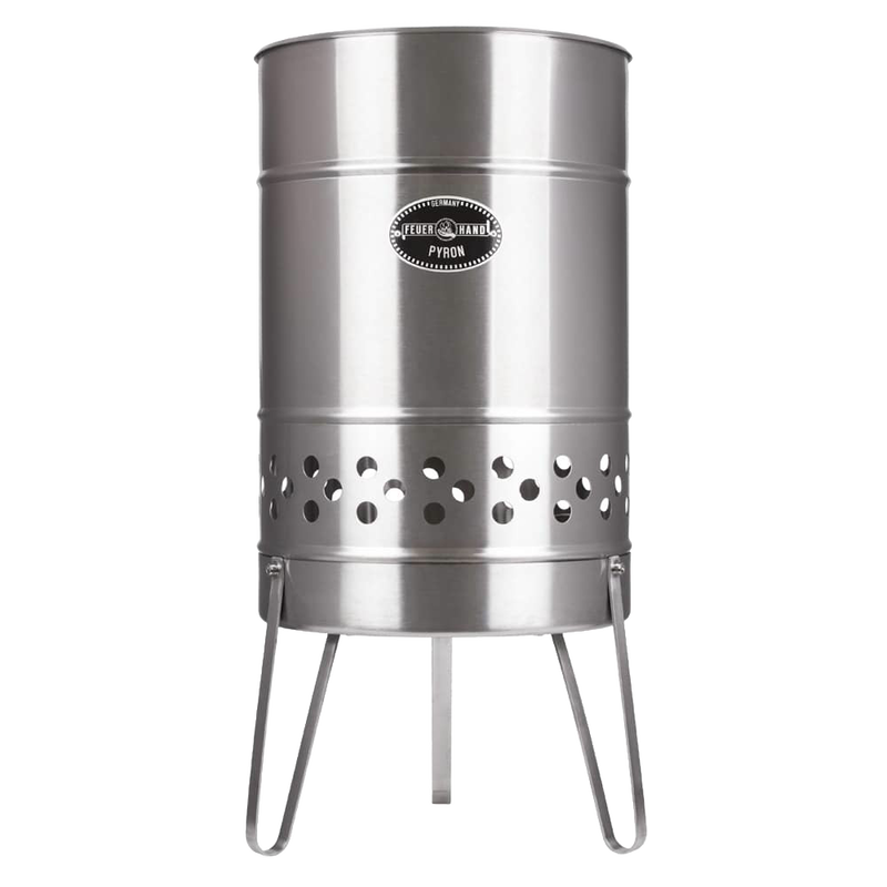 Brushed stainless steel fire barrel with perforated air vents and sturdy legs, designed to create a cozy outdoor atmosphere, featured in Farm, Garden & Tool and Camping collections.