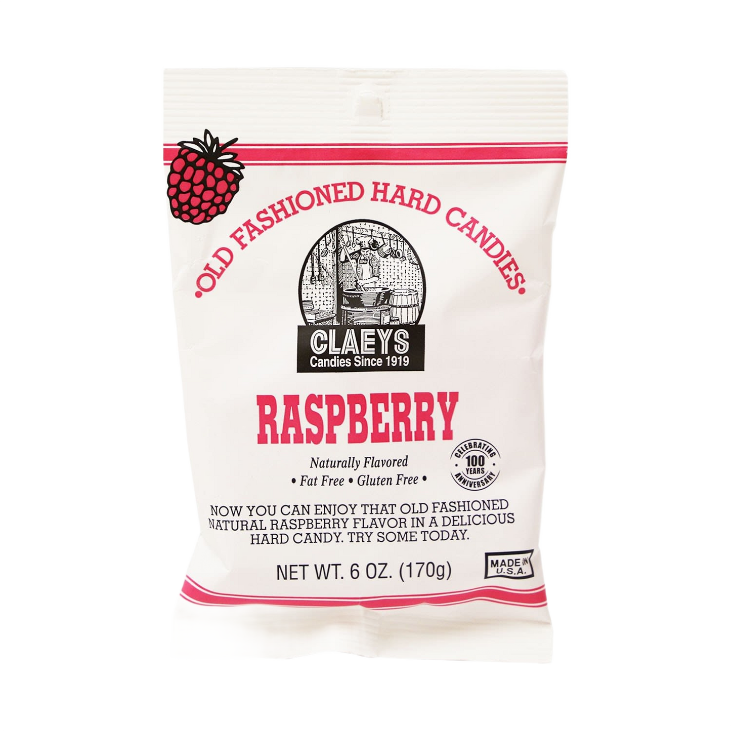 White bag of handcrafted raspberry flavored old-fashioned hard candies, fat free and gluten free, made in USA, ideal for Kitchen & Food, Snacks and Sweets, USA Made, and Best Sellers collections.