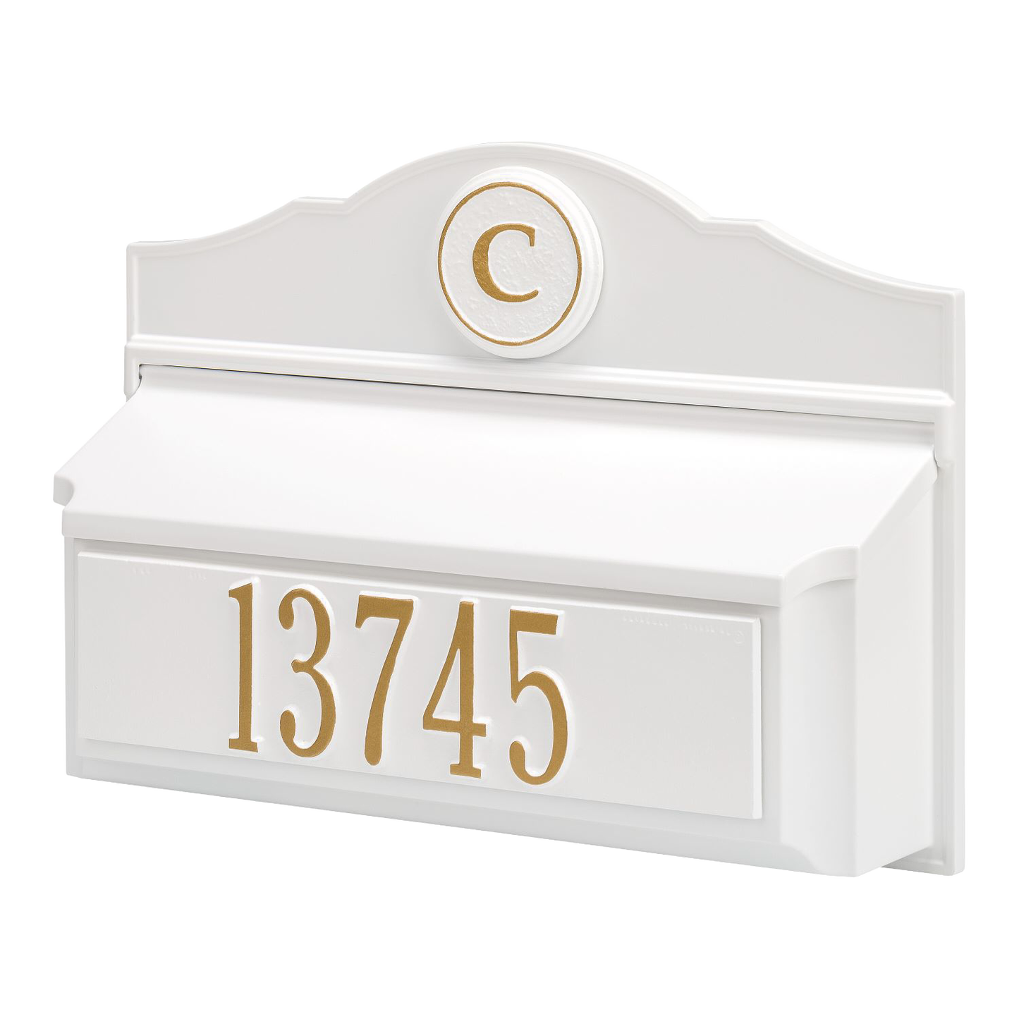 Handcrafted white and gold wall-mounted mailbox featuring a personalized monogram and house number, made in USA, enhancing curb appeal in Home & Decor and Mailboxes collections.