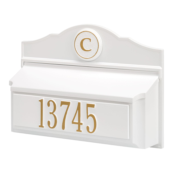 Handcrafted white and gold wall-mounted mailbox featuring a personalized monogram and house number, made in USA, enhancing curb appeal in Home & Decor and Mailboxes collections.