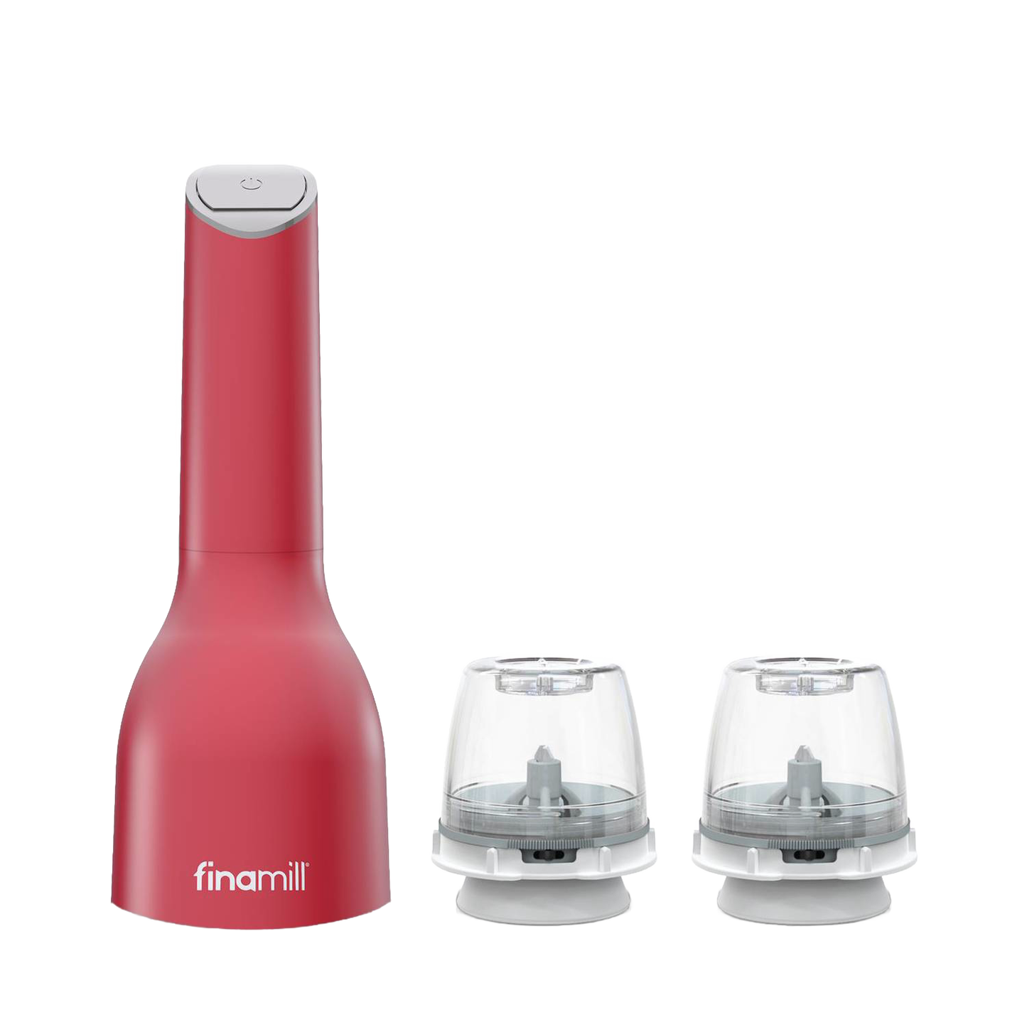 Handcrafted matte red electric spice grinder with two clear interchangeable grinding pods, designed for easy one-handed use, ideal for Kitchen & Food, Kitchen Gadgets, and Best Sellers collections.