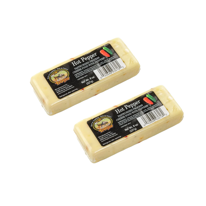 Pair of handcrafted shelf-stable cheese food blocks flavored with hot pepper, made in the USA, ideal for Kitchen & Food, Snacks and Sweets, Pantry, USA Made, Best Sellers, and Promo Eligible collections.