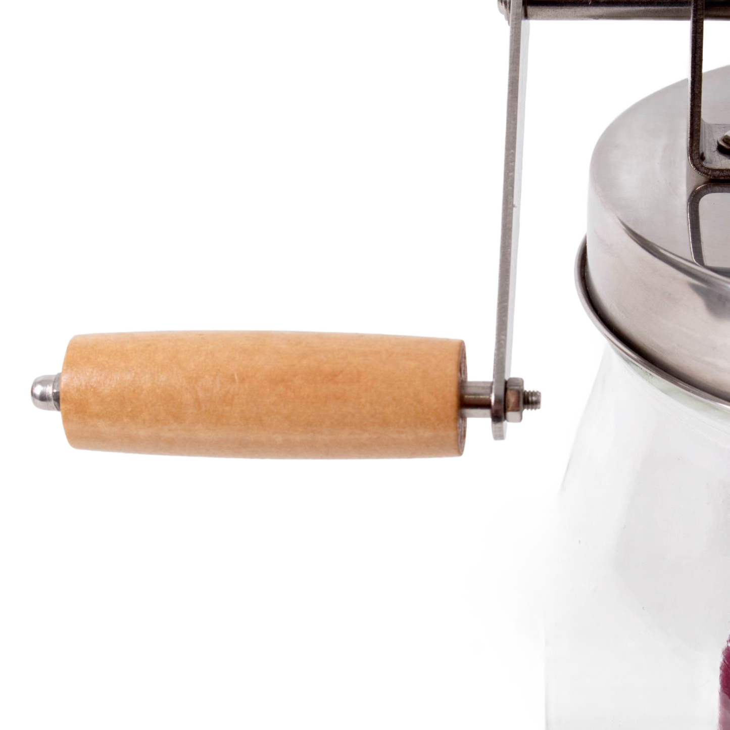 Close-up of a smooth wooden handle and metal crank attached to a glass and stainless steel butter churn, handcrafted for home butter making in Farm, Garden & Tool and Specialty Equipment collections.