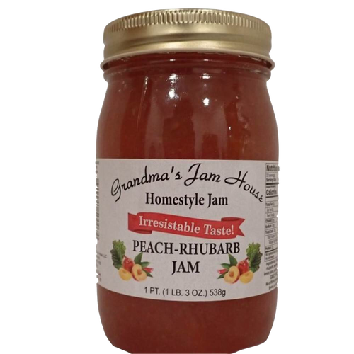 Jar of handcrafted peach-rhubarb jam with gold lid and white label featuring fruit illustrations, made in USA, perfect for Kitchen & Food, Pantry, Peanut Butter & Jellies, Best Sellers, and Promo Eligible collections.