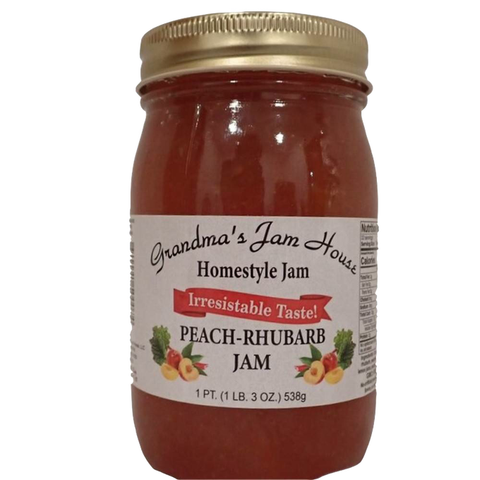 Jar of handcrafted peach-rhubarb jam with gold lid and white label featuring fruit illustrations, made in USA, perfect for Kitchen & Food, Pantry, Peanut Butter & Jellies, Best Sellers, and Promo Eligible collections.