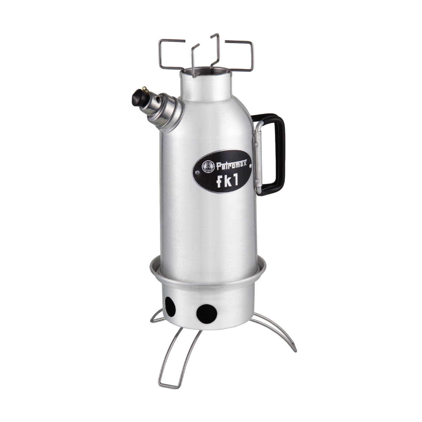 Aluminum fire kettle with cylindrical design, detachable handle, spout, and sturdy folding legs, featured in Kitchen & Food, Cookware, Cast Iron, and Best Sellers collections.