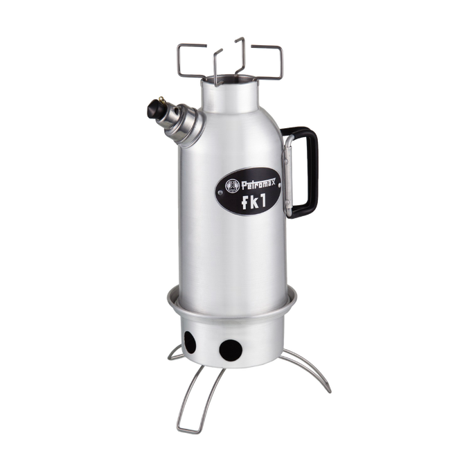 Aluminum fire kettle with cylindrical design, detachable handle, spout, and sturdy folding legs, featured in Kitchen & Food, Cookware, Cast Iron, and Best Sellers collections.