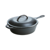 Deep cast iron skillet with lid and handle, designed for versatile cooking including frying and baking, featuring excellent heat retention, ideal for kitchen and cookware collections.