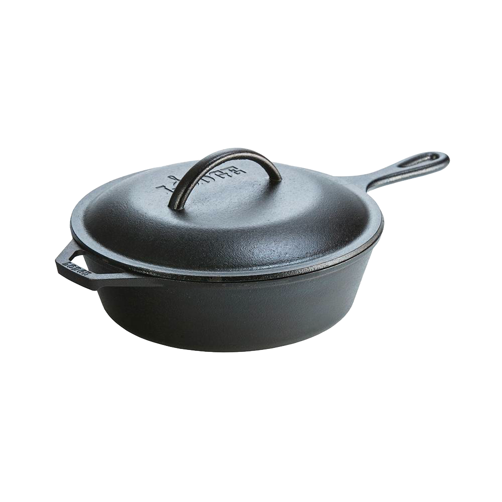 Deep cast iron skillet with lid and handle, designed for versatile cooking including frying and baking, featuring excellent heat retention, ideal for kitchen and cookware collections.
