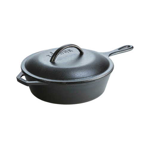 Deep cast iron skillet with lid and handle, designed for versatile cooking including frying and baking, featuring excellent heat retention, ideal for kitchen and cookware collections.