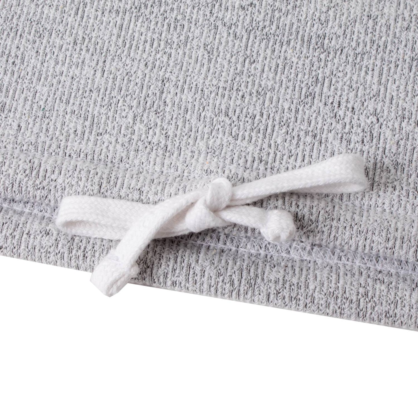 Close-up of a white drawstring tied in a bow on a light gray handcrafted tunnel neck sweatshirt made from soft Nantucket Fleece, part of Health & Wellness, Clothing and Accessories, Best Sellers, and Promo Eligible collections.