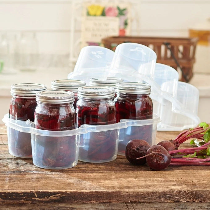 Handcrafted durable plastic canning jar storage container holding six jars filled with preserved red beets, designed for Kitchen & Food, Canning Accessories, and Food Preservation collections.