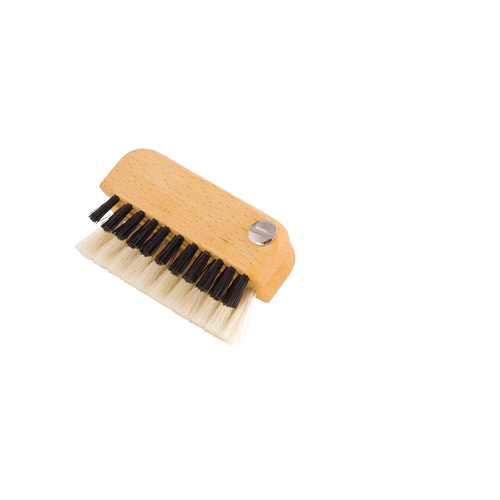 Compact wooden brush with pivoting handle featuring dual bristles, designed for effective keyboard and screen cleaning, crafted for Home & Decor and Household Cleaning collections.