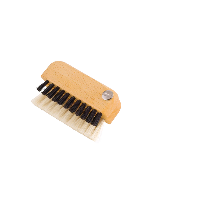 Compact wooden brush with pivoting handle featuring dual bristles, designed for effective keyboard and screen cleaning, crafted for Home & Decor and Household Cleaning collections.