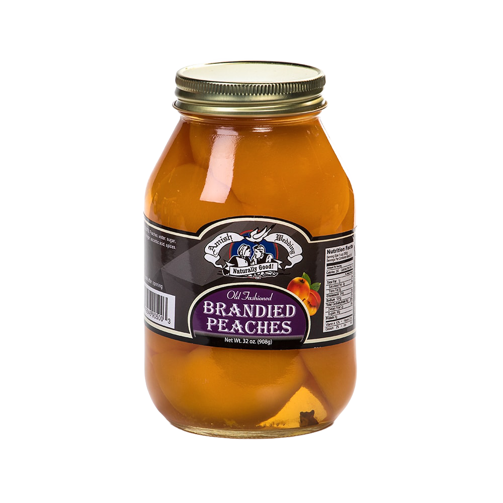 Handcrafted glass jar of old-fashioned brandied peach halves in syrup, locally made in USA, featured in Kitchen & Food, Food, Pantry, USA Made, Best Sellers, Promo Eligible collections.