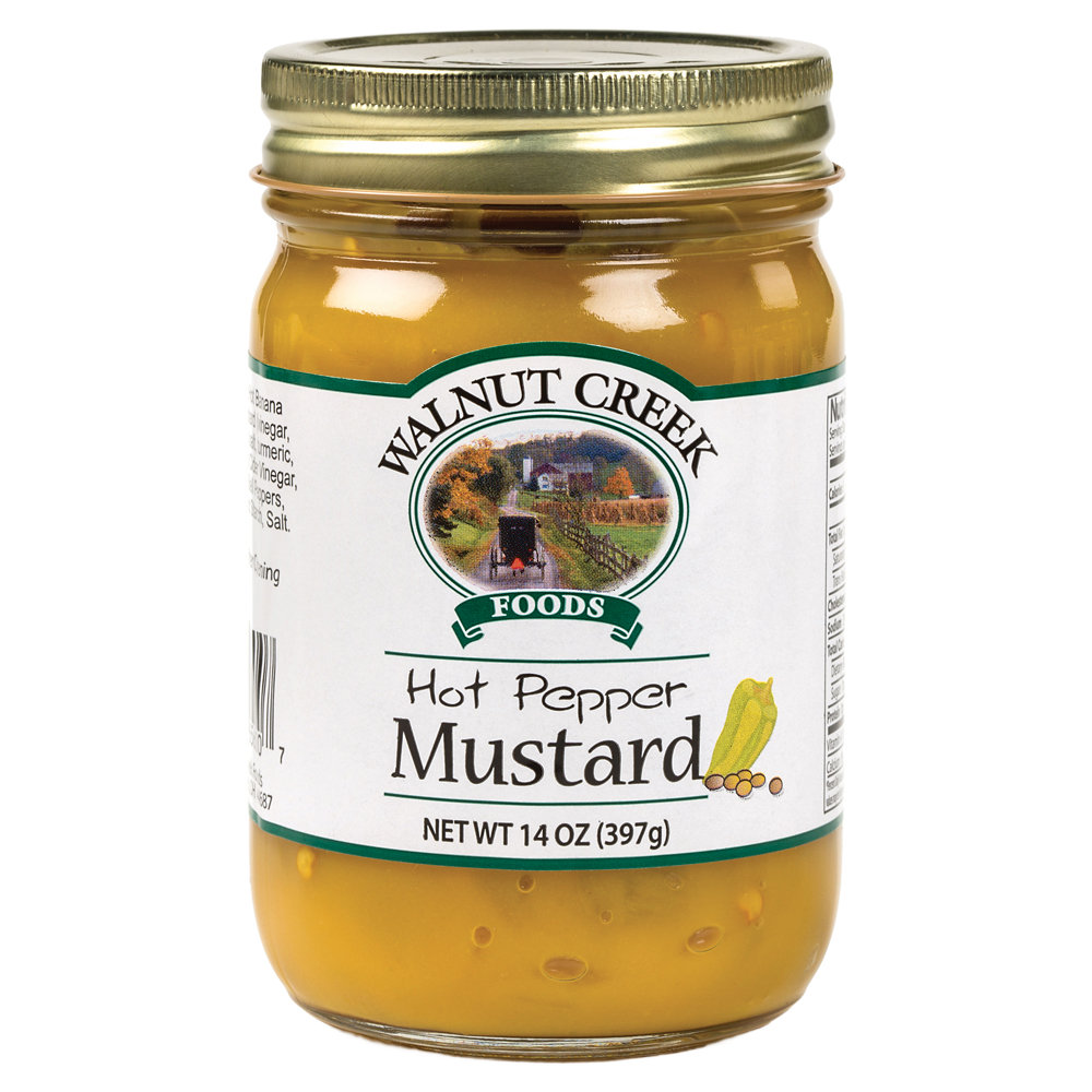 Glass jar of handcrafted hot pepper mustard with natural grain texture and gold metal lid, made in USA, ideal for Kitchen & Food, Pantry, USA Made, Best Sellers, Promo Eligible collections