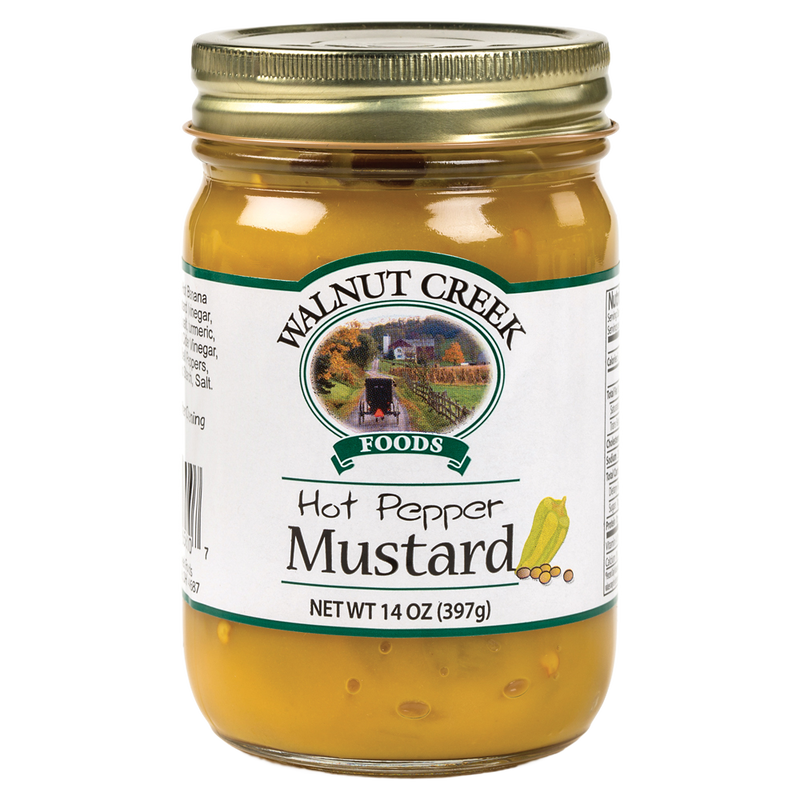 Glass jar of handcrafted hot pepper mustard with natural grain texture and gold metal lid, made in USA, ideal for Kitchen & Food, Pantry, USA Made, Best Sellers, Promo Eligible collections